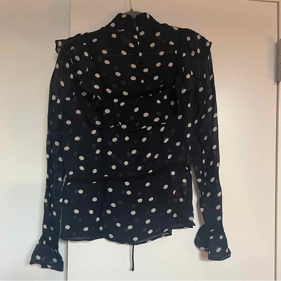 GANNI Marceau Ruffled Navy & White Polka-dot Georgette Blouse - Picture 4 of 4